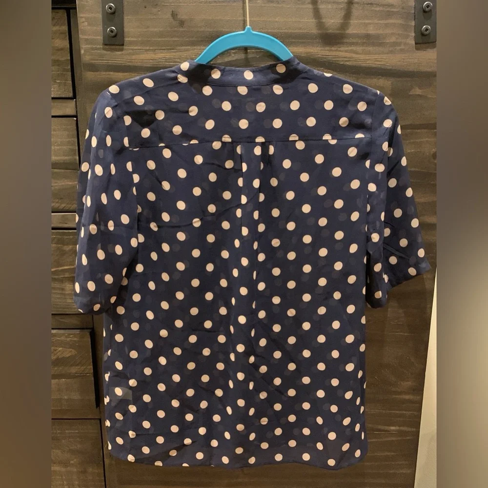 J. CREW 100% Silk Navy and Tan Sheer Polka Dot Blouse, Size 6 Like New